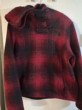 The North Face Women's Red and Black Plaid Cowl Turtleneck Sweater